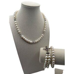 Vintage Faux Pearl Necklace Bracelet & Anklet Set Rhinestones Chic